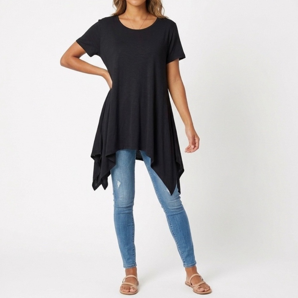 MAGAZINE Black Hankerchief Hem Short Sleeve Tunic Top Swing Mini Dress NWT